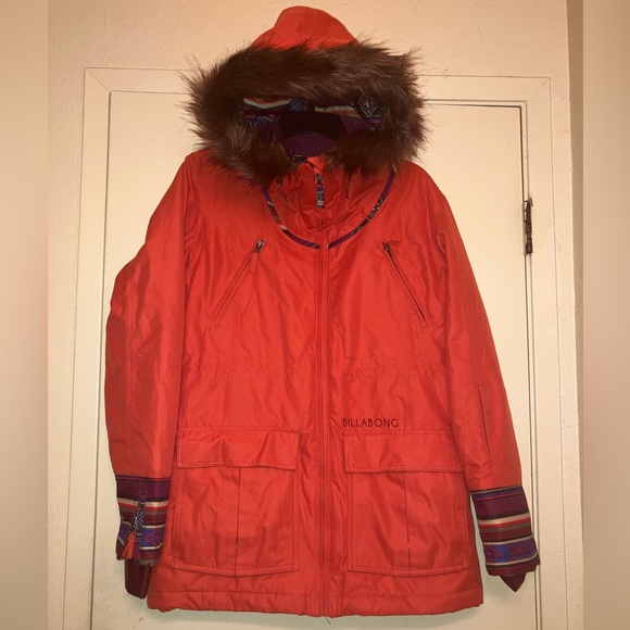 Billabong Jamie Anderson 15K Orange Jacket Coat Faux Fur Hoodie Sz S - Picture 1 of 6